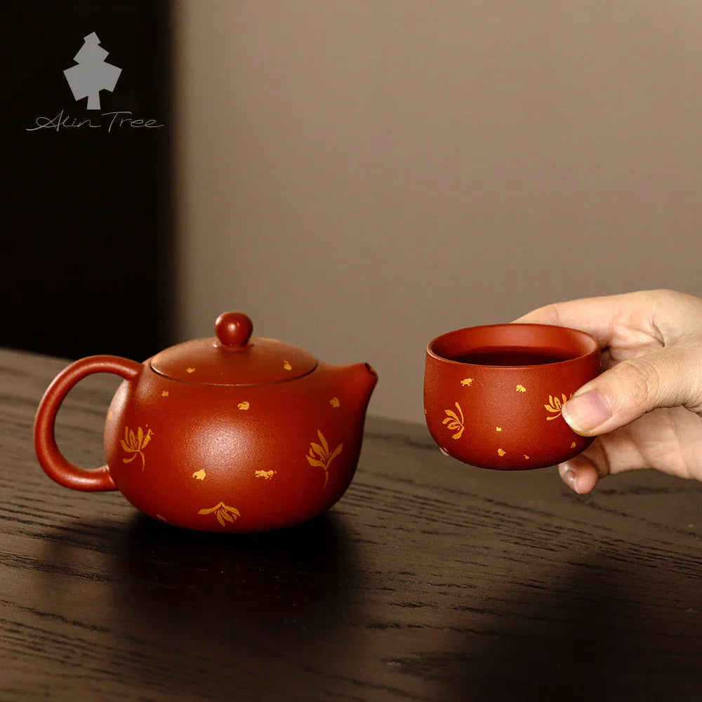 Zhu Ni Purple Clay Xishi Teapot Set with Autumn Water Orchid Design - AlinTree