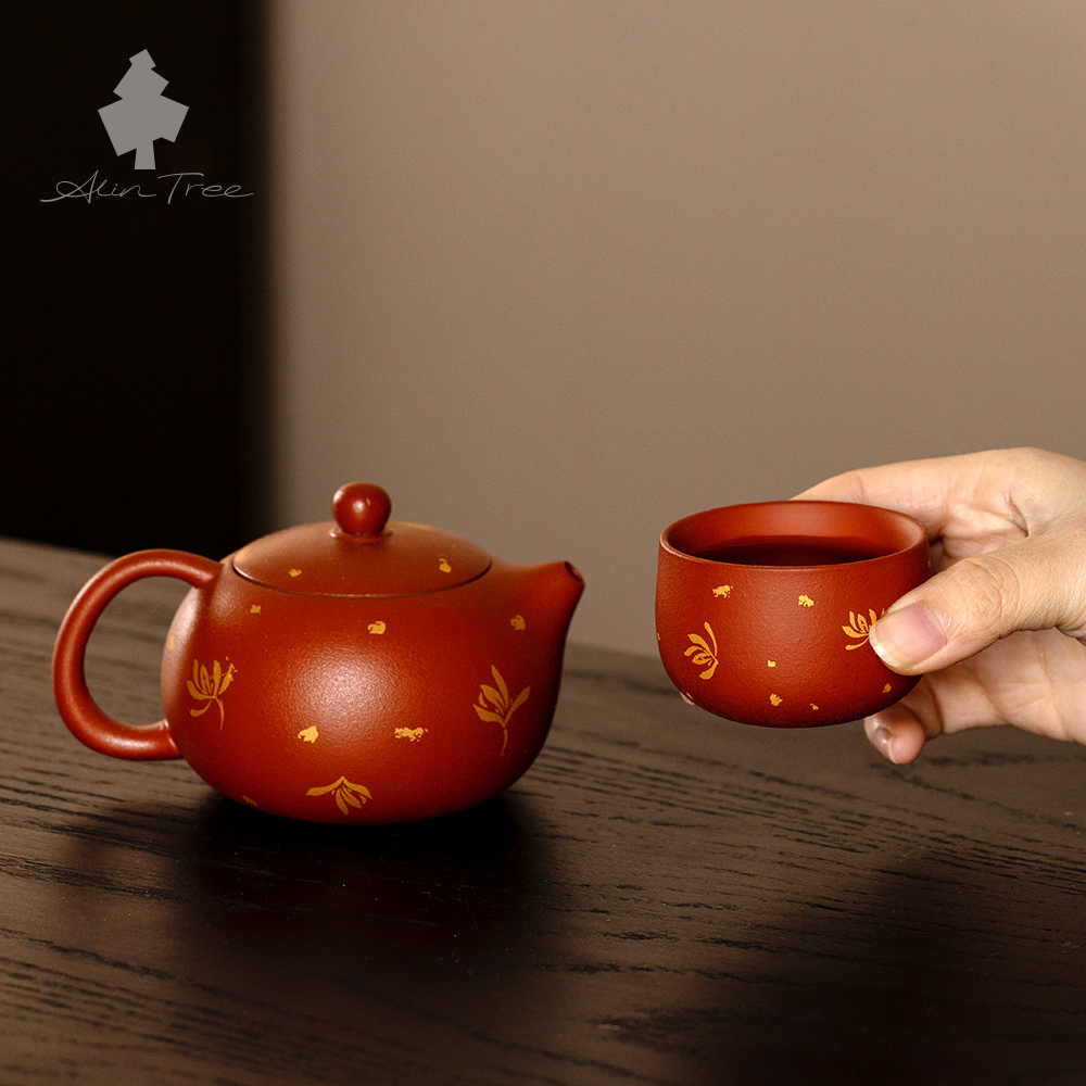 Zhu Ni Purple Clay Xishi Teapot Set with Autumn Water Orchid Design