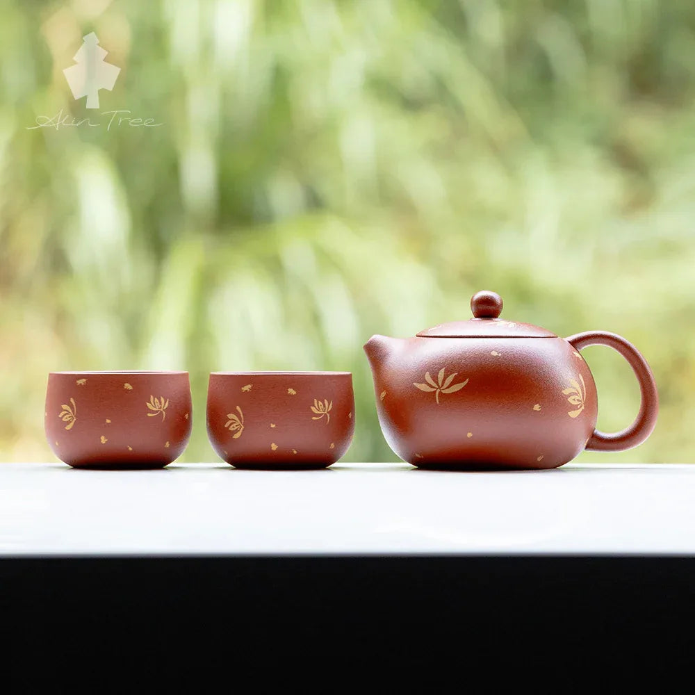 Zhu Ni Purple Clay Xishi Teapot Set with Autumn Water Orchid Design - AlinTree
