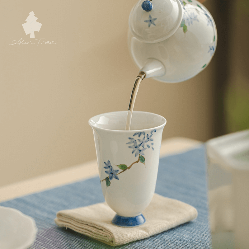 White Clay Hand-Painted “Little Blue Bud” Gongfu Tea Cup