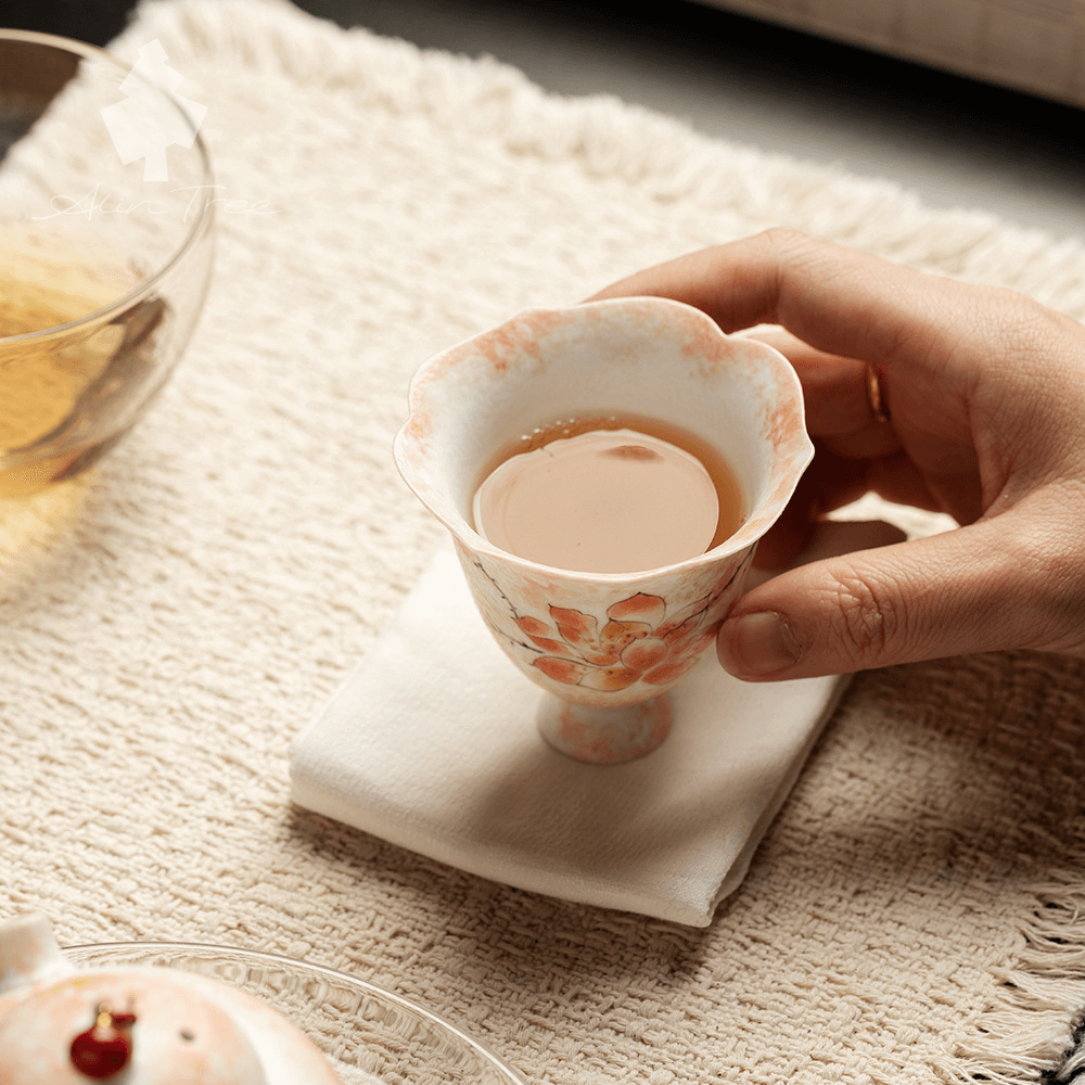 Hand-Painted Magnolia Ceramic Flower-Rim Stemmed Tea Cup