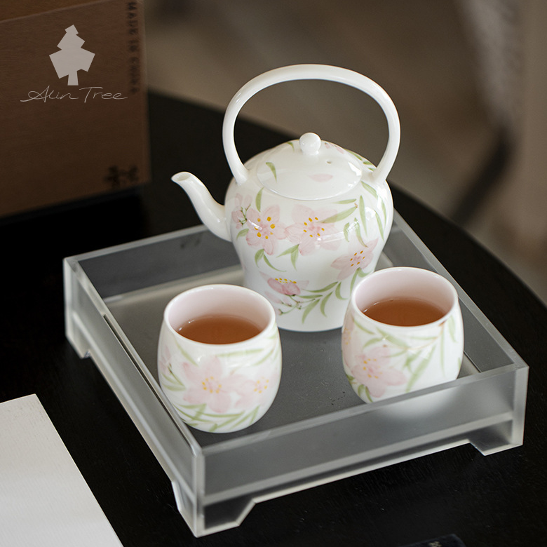 Hand-Painted Peach Overhead Handle Teapot Tea Set