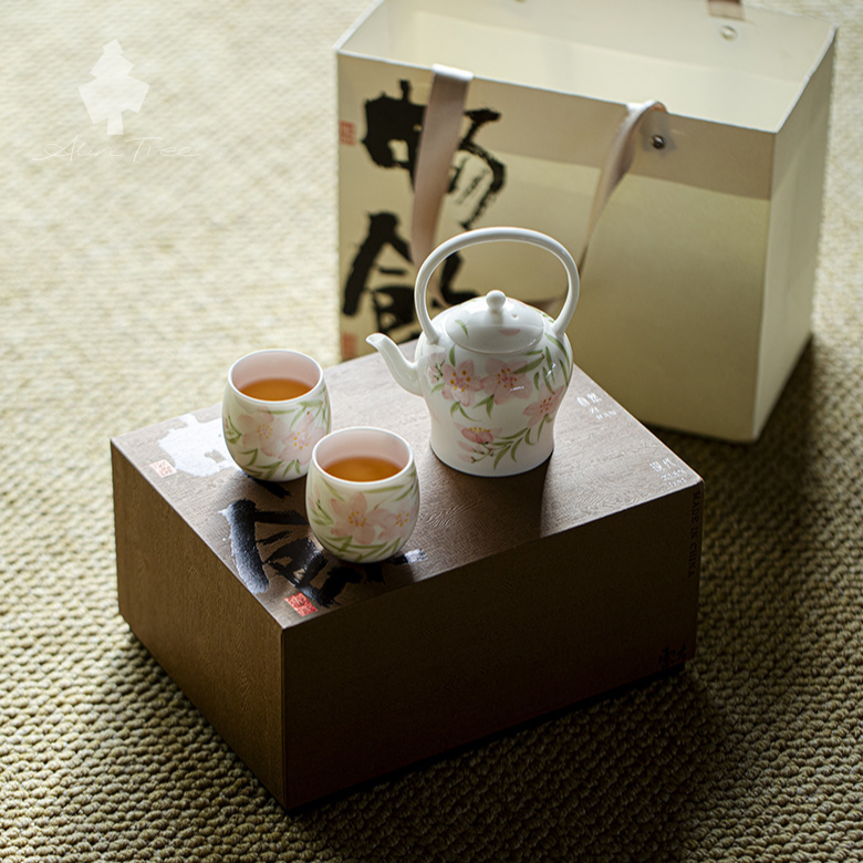 Hand-Painted Peach Overhead Handle Teapot Tea Set