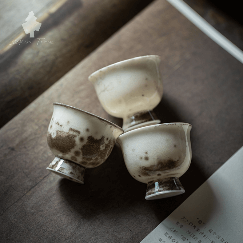 Wood-Fired Ceramic Tea Cup with High Foot, Kiln-Transmutation Glaze