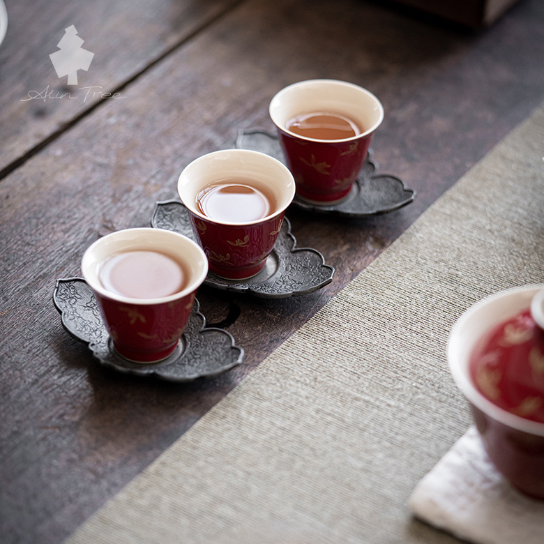 Hand-Painted Red Gilded Gaiwan Tea Set