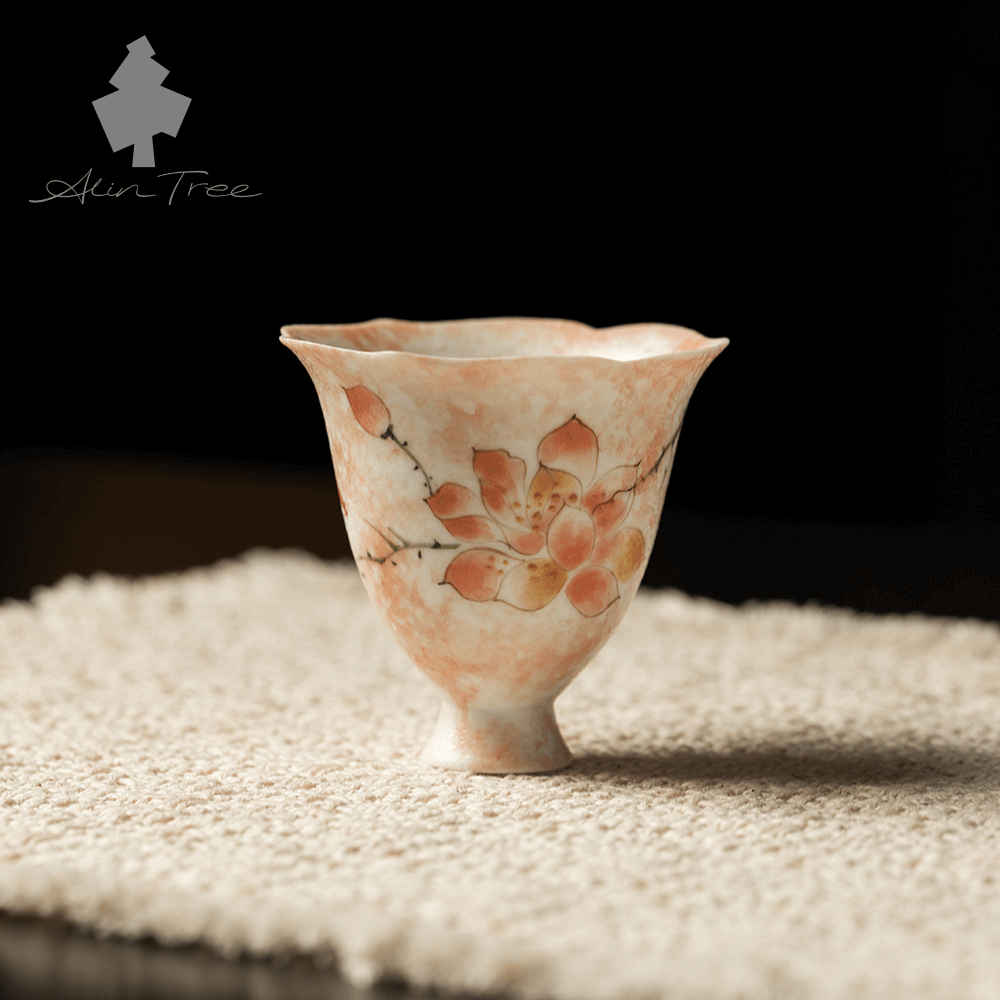 Hand-Painted Magnolia Ceramic Flower-Rim Stemmed Tea Cup