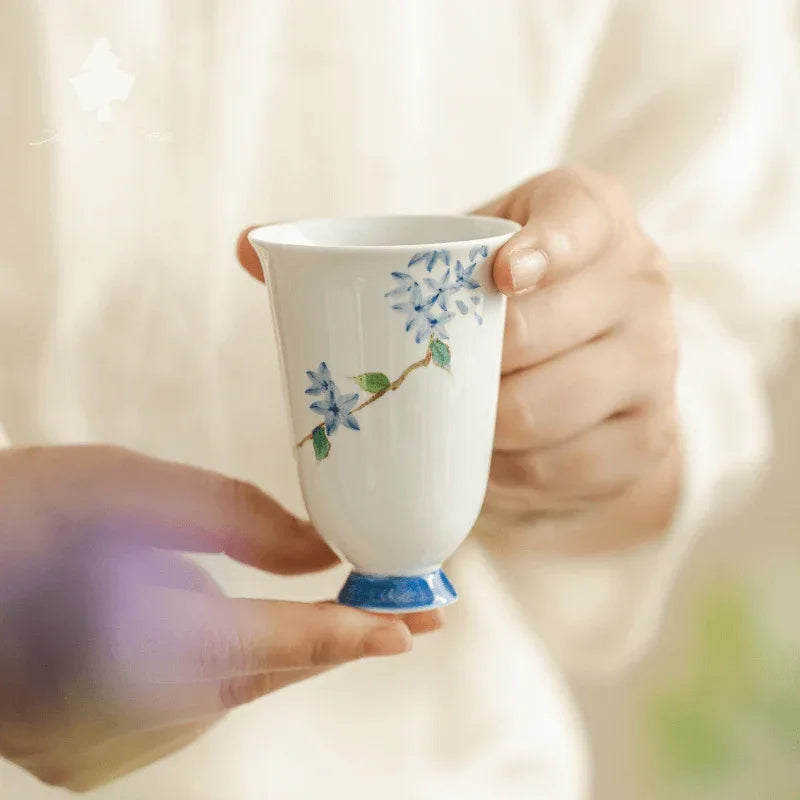 White Clay Hand-Painted “Little Blue Bud” Gongfu Tea Cup - AlinTree