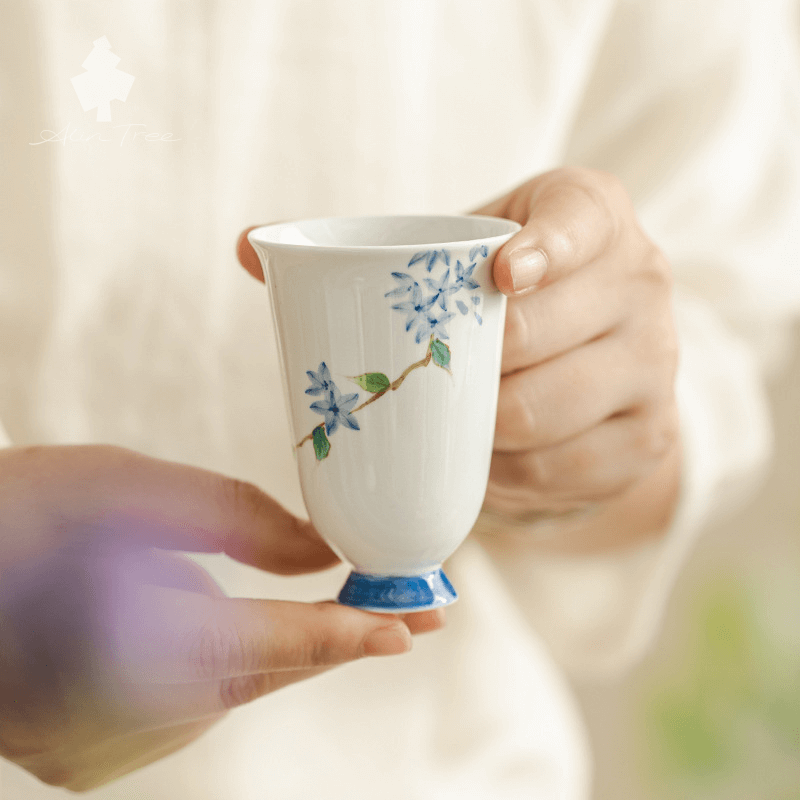 White Clay Hand-Painted “Little Blue Bud” Gongfu Tea Cup