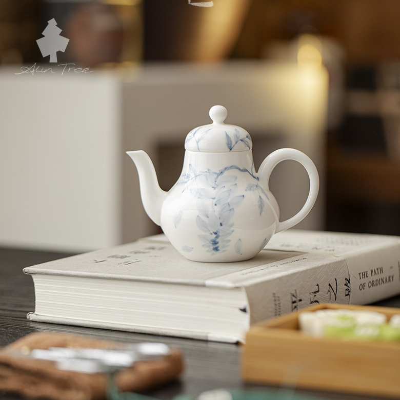 Hand-Painted Blue-and-White Wisteria Ceramic Teapot Tea Set