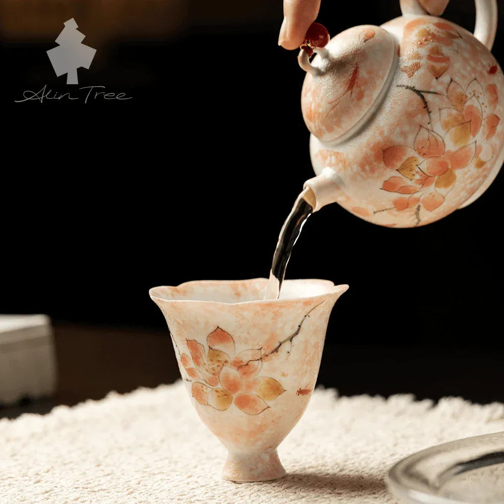 Hand-Painted Magnolia Ceramic Flower-Rim Stemmed Tea Cup - AlinTree