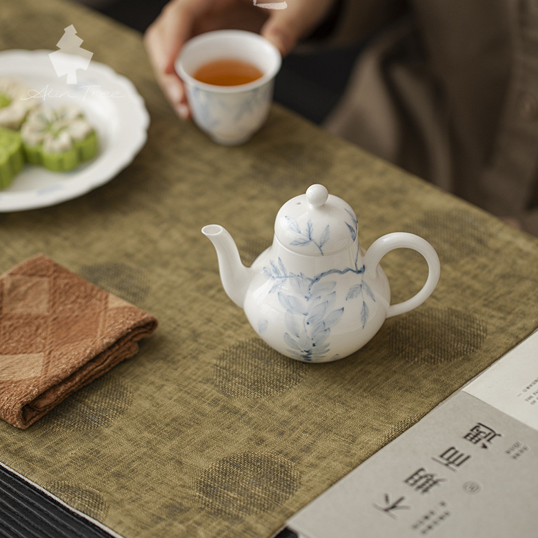 Hand-Painted Blue-and-White Wisteria Ceramic Teapot Tea Set