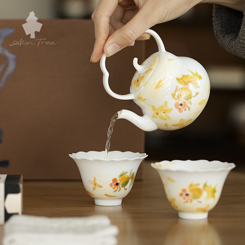 Hand-Painted Goldfish Overhead Handle Teapot Set