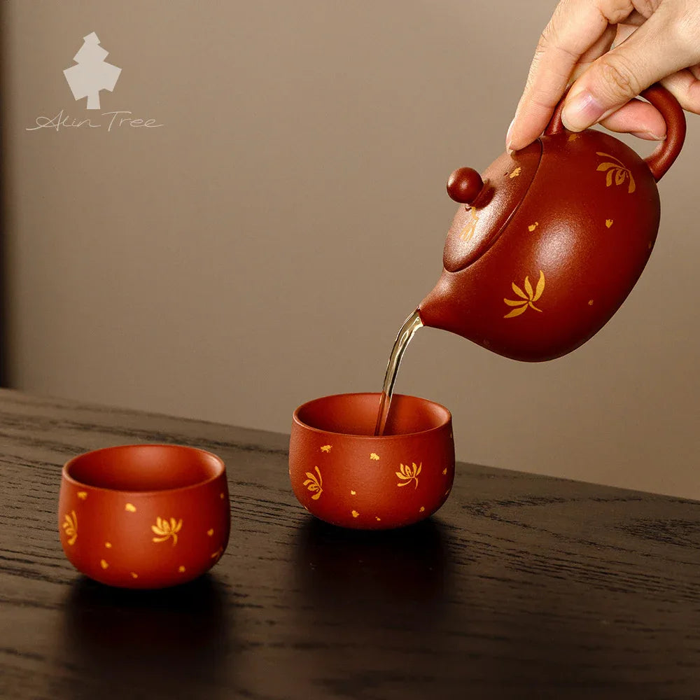 Zhu Ni Purple Clay Xishi Teapot Set with Autumn Water Orchid Design - AlinTree
