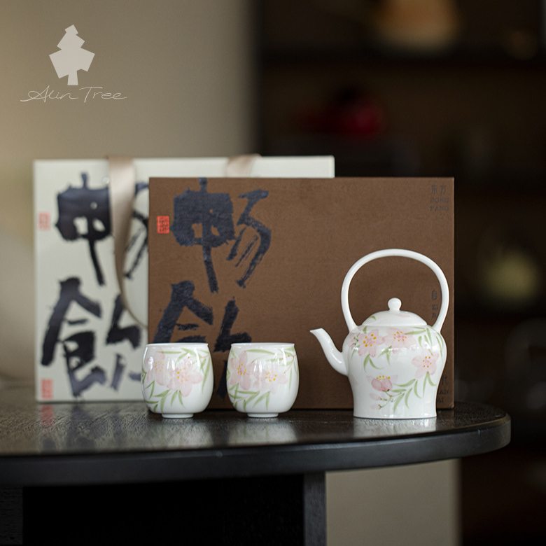 Hand-Painted Peach Overhead Handle Teapot Tea Set