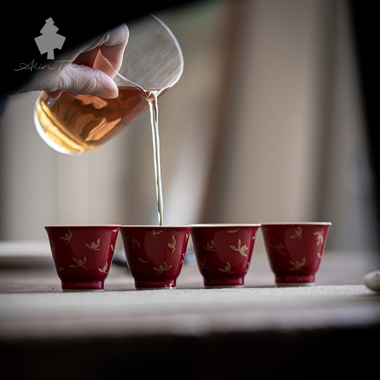 Hand-Painted Red Gilded Gaiwan Tea Set