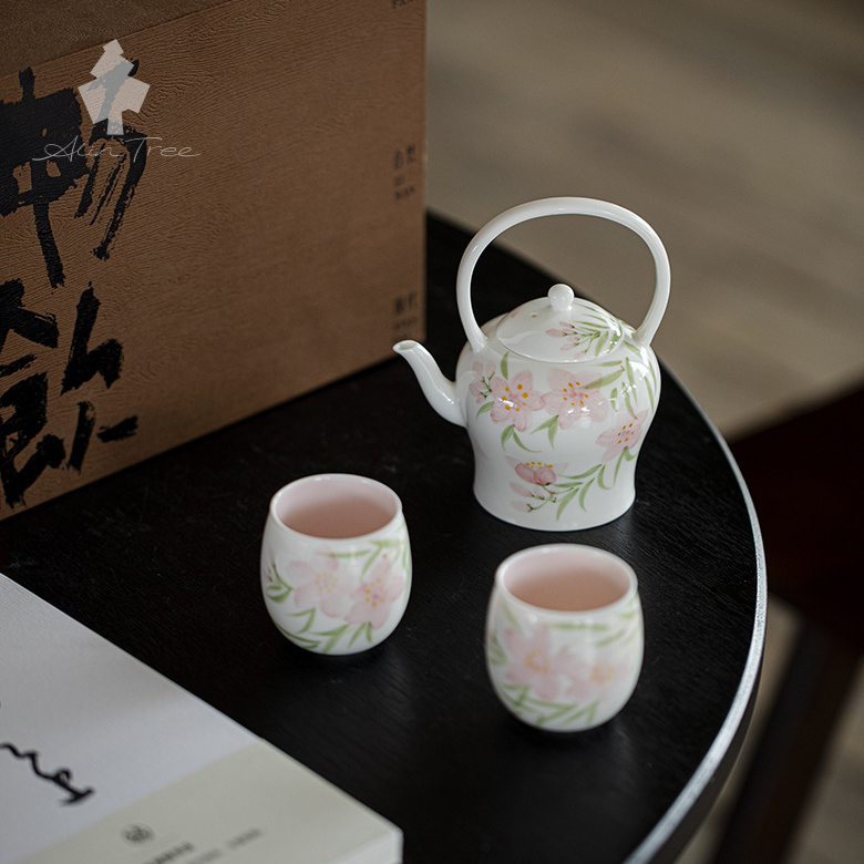 Hand-Painted Peach Overhead Handle Teapot Tea Set