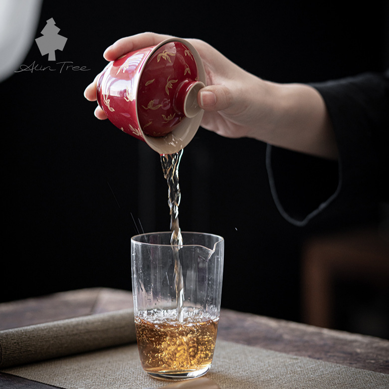Hand-Painted Red Gilded Gaiwan Tea Set