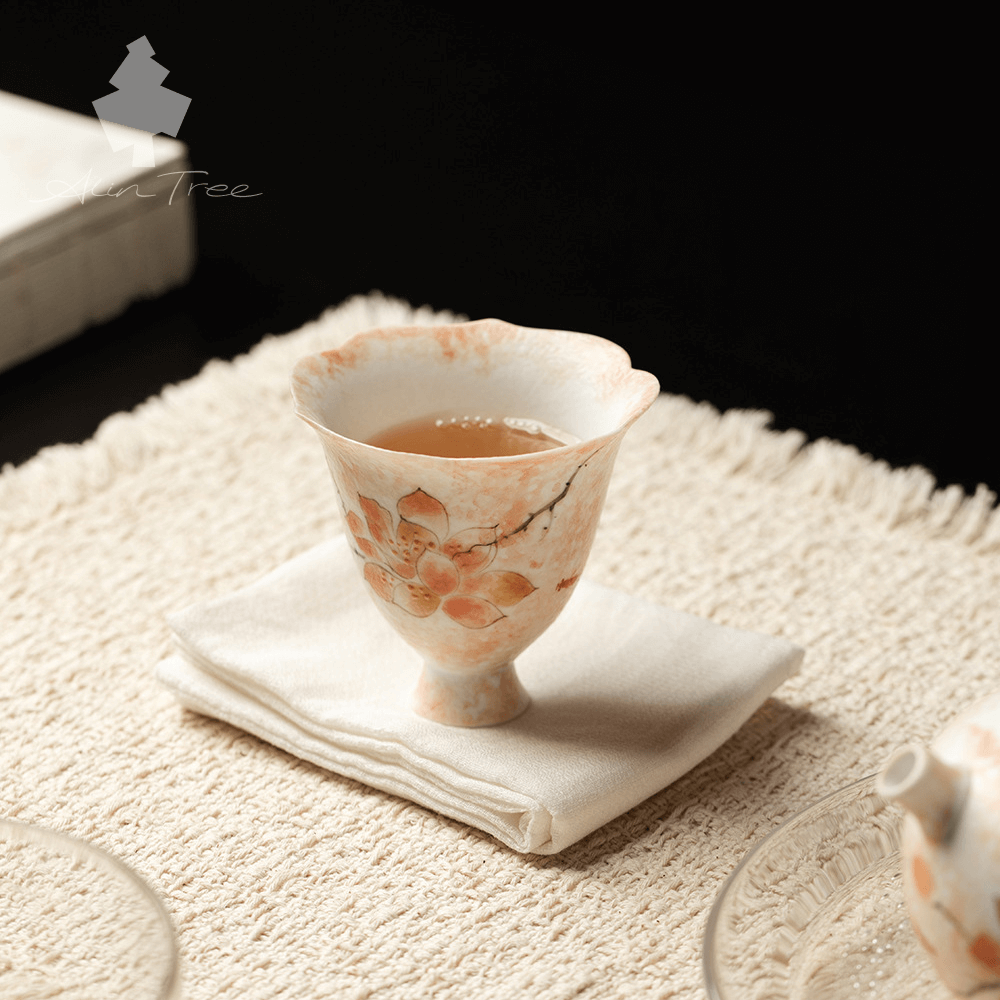 Hand-Painted Magnolia Ceramic Flower-Rim Stemmed Tea Cup
