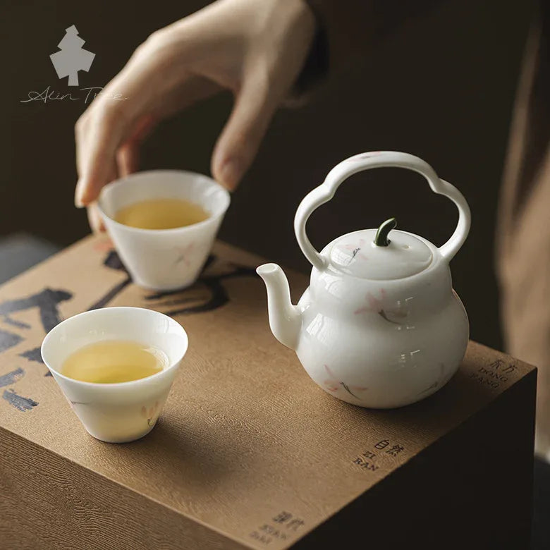 Hand-Painted Pink Orchid Handle Teapot Tea Set - AlinTree