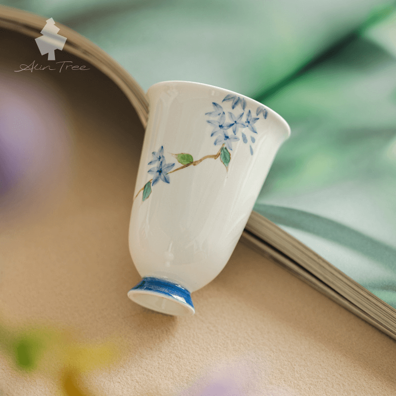 White Clay Hand-Painted “Little Blue Bud” Gongfu Tea Cup