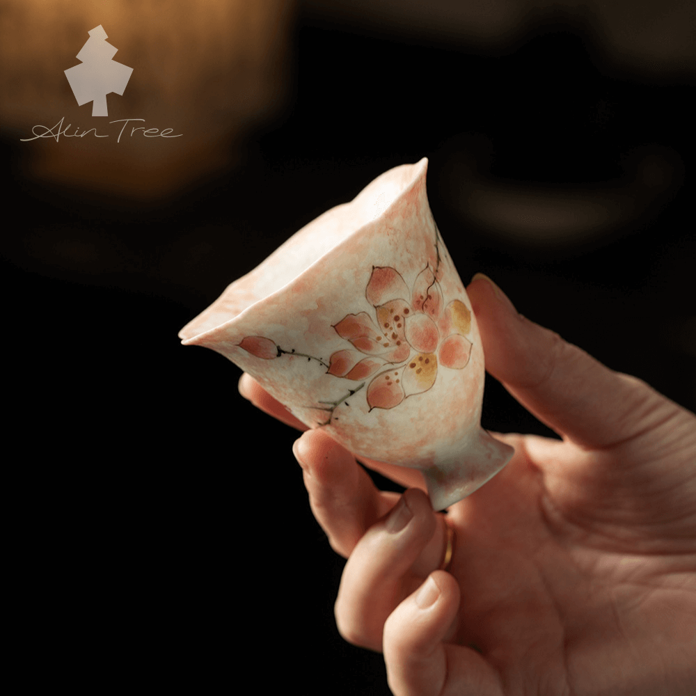 Hand-Painted Magnolia Ceramic Flower-Rim Stemmed Tea Cup