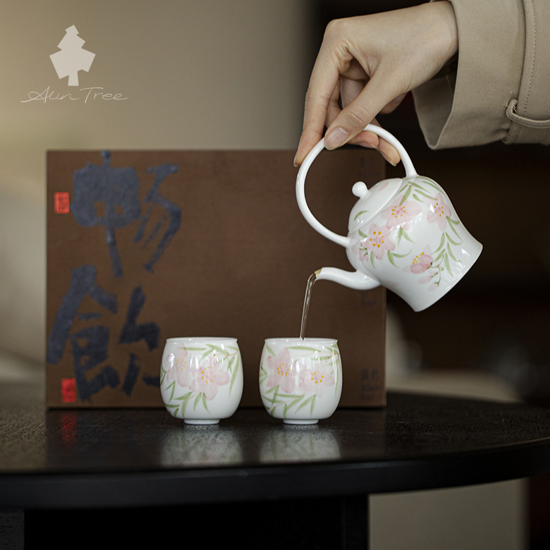 Hand-Painted Peach Overhead Handle Teapot Tea Set