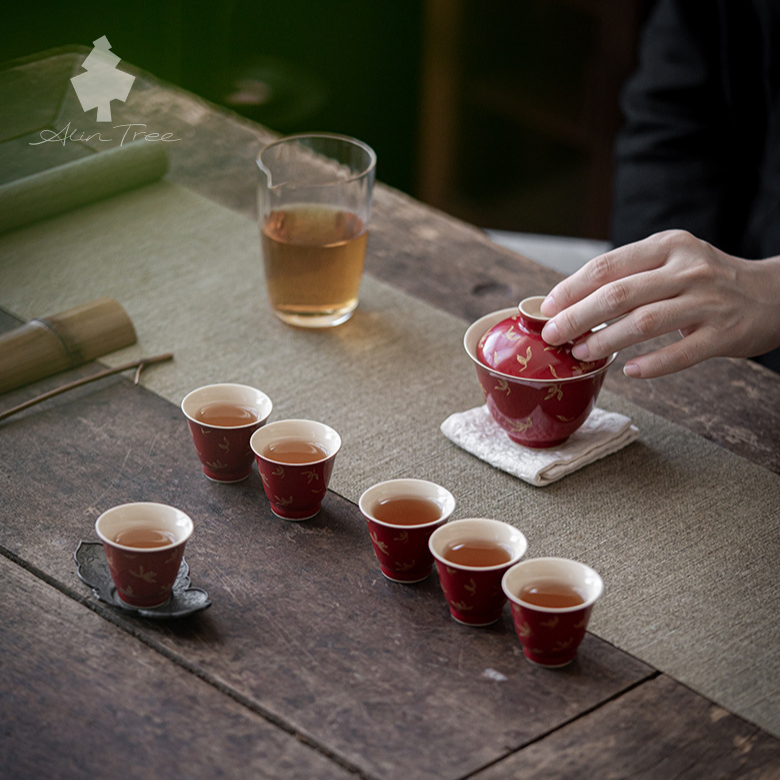 Hand-Painted Red Gilded Gaiwan Tea Set