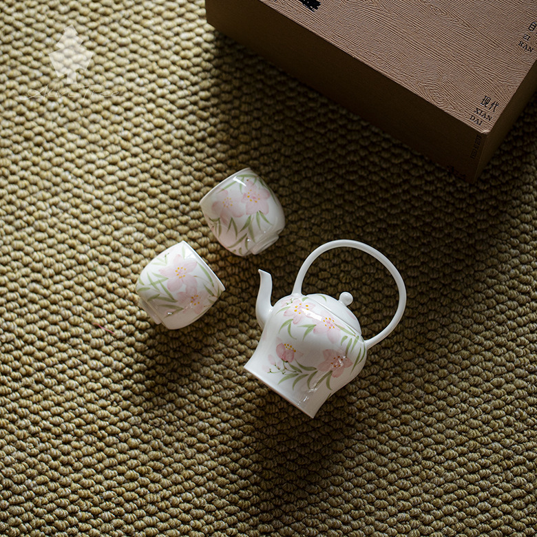 Hand-Painted Peach Overhead Handle Teapot Tea Set