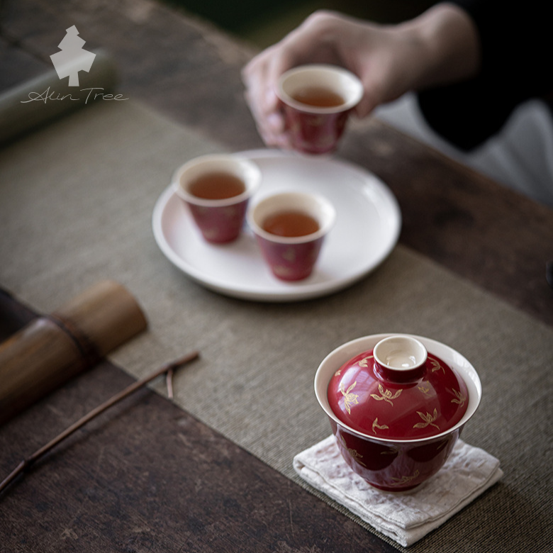 Hand-Painted Red Gilded Gaiwan Tea Set