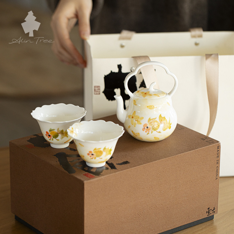 Hand-Painted Goldfish Overhead Handle Teapot Set