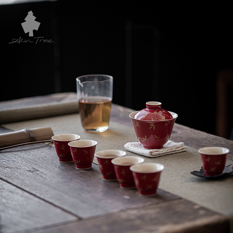 Hand-Painted Red Gilded Gaiwan Tea Set