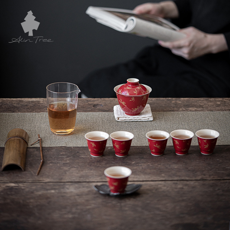 Hand-Painted Red Gilded Gaiwan Tea Set